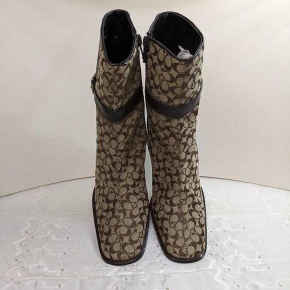 Coach Khaki & Brown Jacquard Signature Logo Bibi Mid Calf Boots - size 5.5M NWT